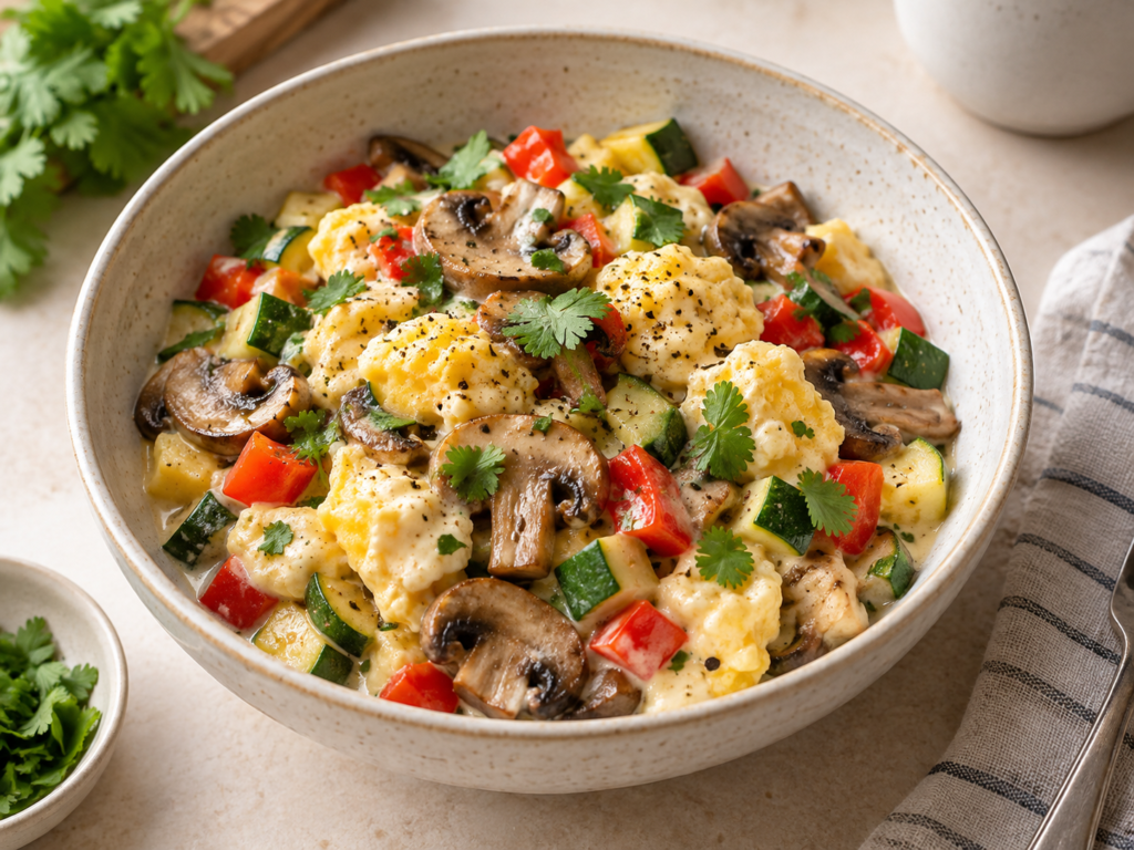 Zucchini, egg, and mushroom breakfast bowl with red bell pepper and cilantro