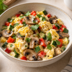 Simple recipes, zucchini, egg, and mushroom breakfast bowl with colorful vegetables.