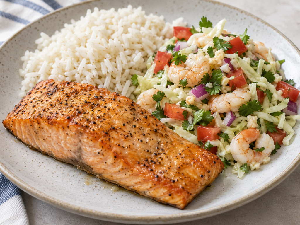 easy recipes to bake salmon with shrimp cabbage salsa and rice