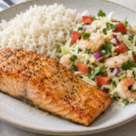 easy recipes to bake salmon with shrimp cabbage salsa and rice