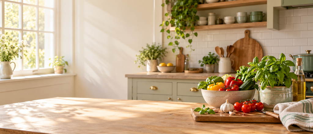 Sunlit home kitchen with fresh produce